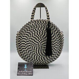 La Regale Women's Black White Round Woven Houndstooth Tote Bag Tassel Sz L 2632